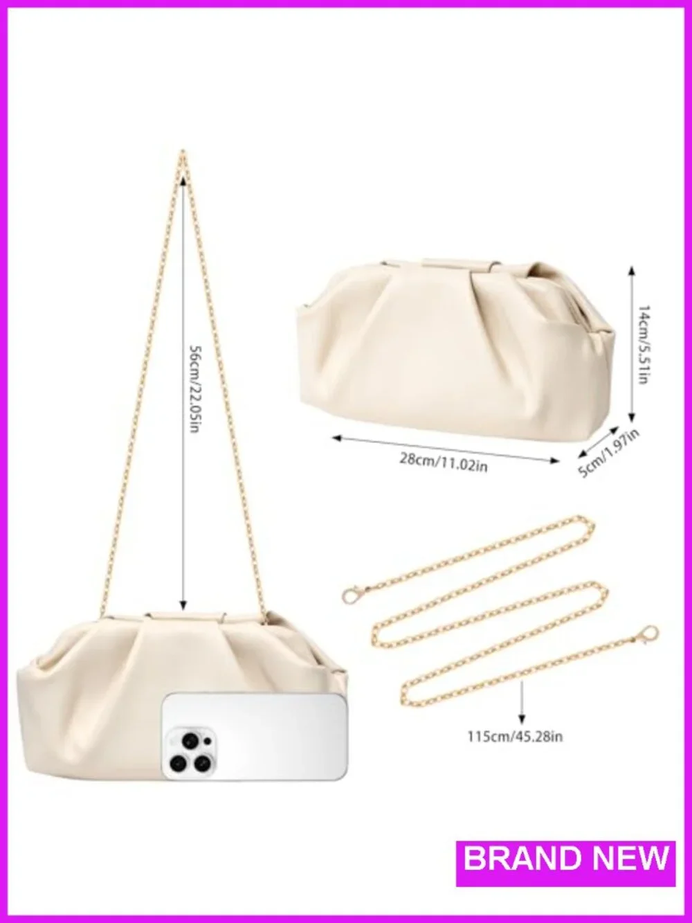 Cream Womens Clutch Purse with Gold Detachable Chain PU Leather Evening Bag